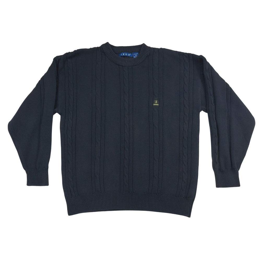 IZOD Mens Navy Blue Cable Knit Crewneck Sweater Size M Made in USA 750